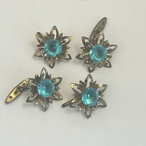VTG Set Neckline Buttonhole Jewelry Blue Brass Tone 4 pc Set